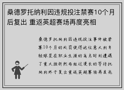 桑德罗托纳利因违规投注禁赛10个月后复出 重返英超赛场再度亮相